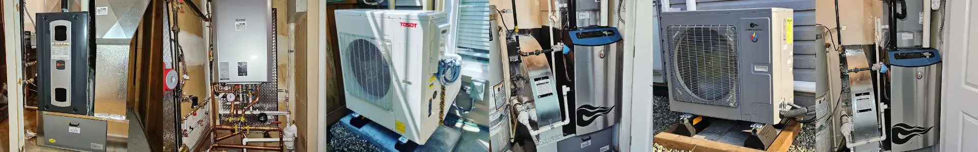 A row of real TAK Heating & Cooling installations in local homes: a furnace and ductwork, a tankless water heater, a Tosot outdoor unit, water heaters and an outdoor condenser